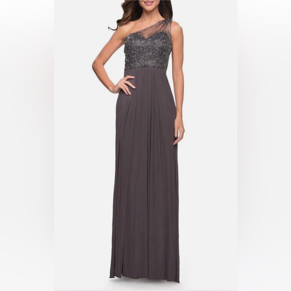 La Femme Gunmetal Grey Beaded One-Shoulder Mesh & Jersey Gown. New/ no tags.